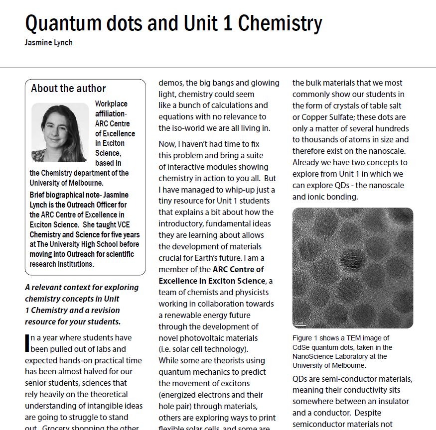 Exciton Science’s article about Quantum dots helped teachers to integrated new technologies into Year 11 curriculum.