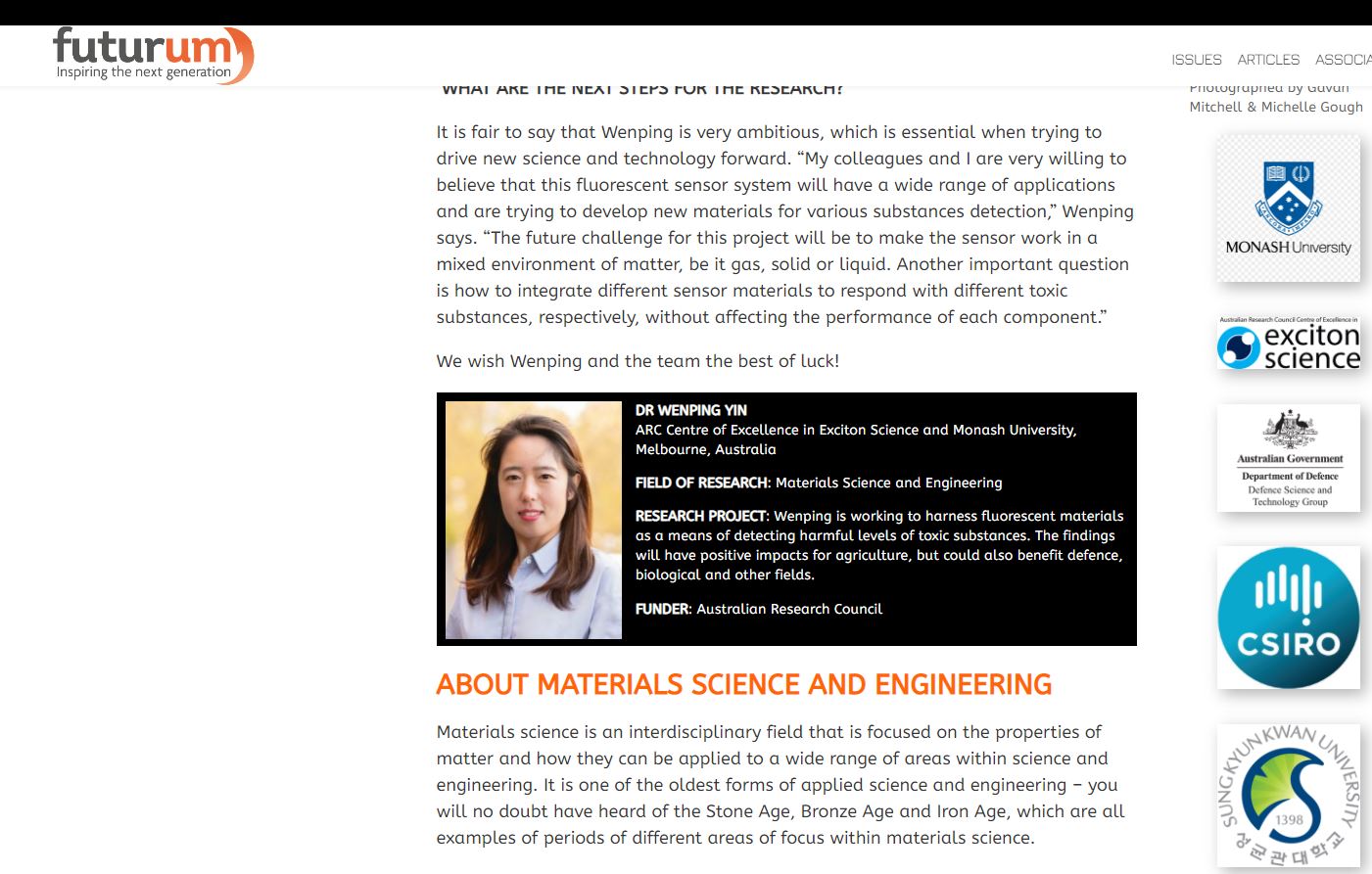 Dr Wenping Yin from Monash University was featured in a Futurums careers article and worksheet to help inform students about career pathways in materials science.