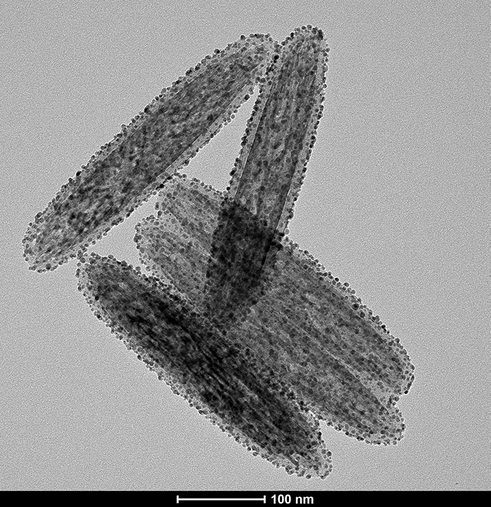 Figure 1: Magnetic nanorods are made by silica encapsulation of FeOOH followed by reduction to magnetite. This material is a scaleable, non-aggregating magnetic material.